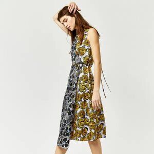 Warehouse Woodblock Midi Floral Sleeveless Dress 100% Silk